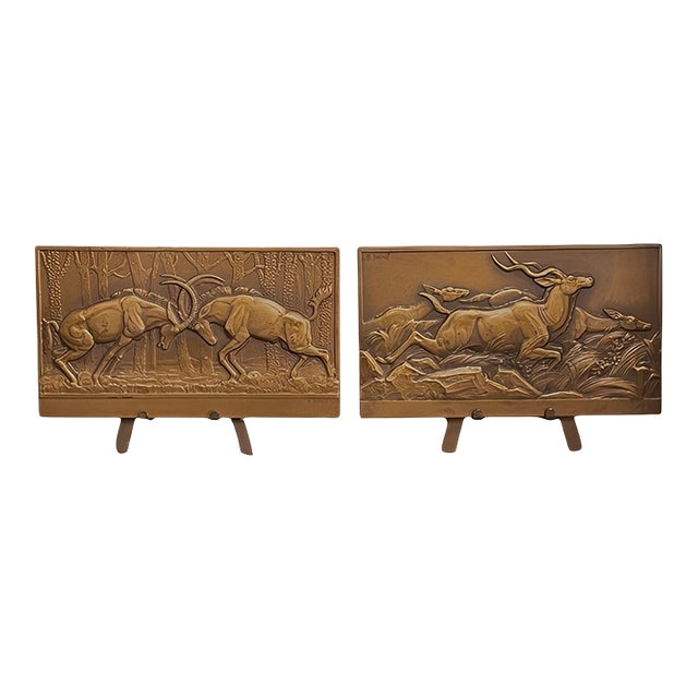 Pair of French Art Deco Bronze Antelope Plaques on Stands by Thenot, c.1930's. For Sale