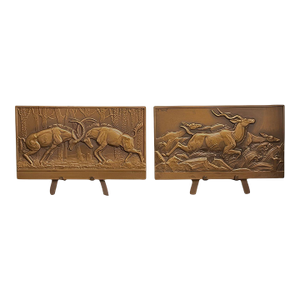 Pair of French Art Deco Bronze Antelope Plaques on Stands by Thenot, c.1930's.
