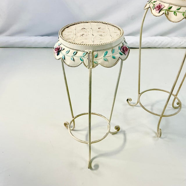 1950s Vintage French Style Boho Chic Scalloped Tole Rose Plant Stands - Set of 2 For Sale - Image 12 of 18