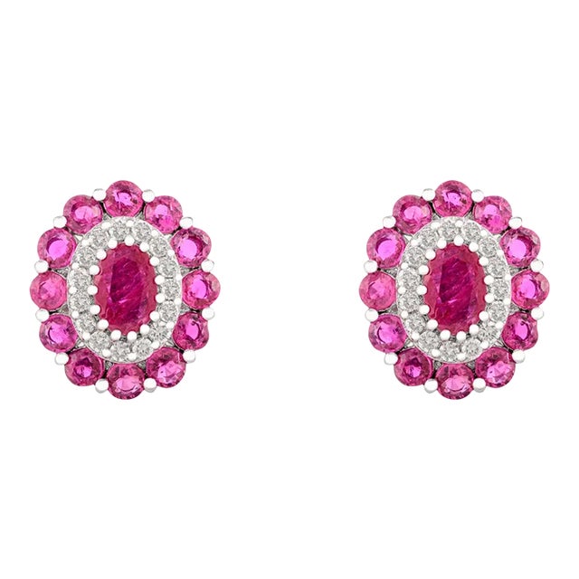 Ruby Halo Diamond Cluster Stud Earrings in 14k White Gold - 2 Pieces For Sale