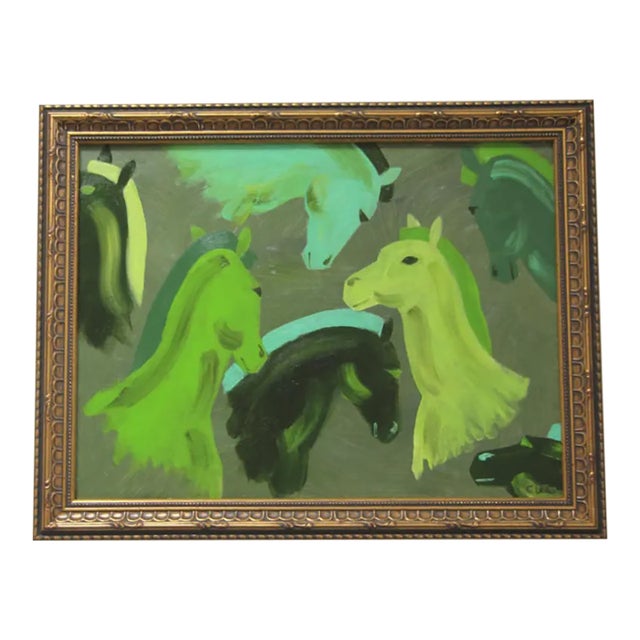 Horses Portraits Art Deco Impressionism Minimalism Green Original Oil Painting by Cleo Plowden For Sale