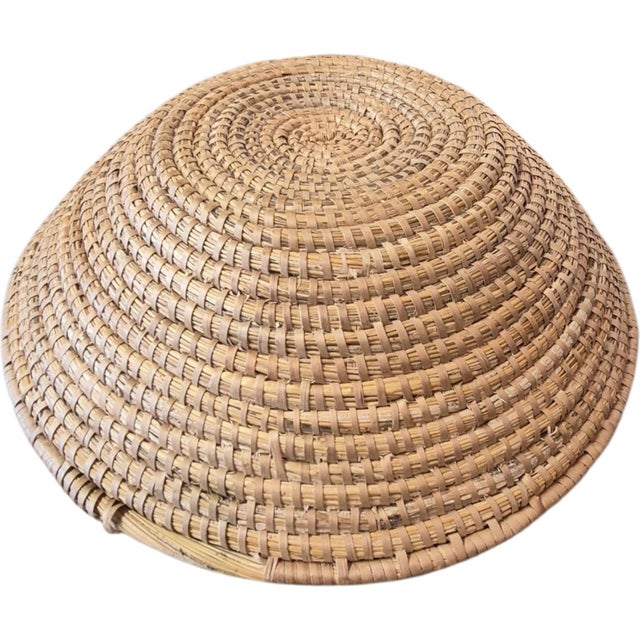 Early 20th Century Handwoven Coiled Rattan Shallow Basket 14.5 inchrs