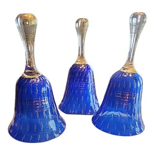 Trio of Murano Art Glass Bells – Gambaro & Poggi – Cobalt Blue & 24k Gold Aventurine – Signed W/ Original Boxes For Sale