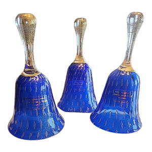 Trio of Murano Art Glass Bells – Gambaro & Poggi – Cobalt Blue & 24k Gold Aventurine – Signed W/ Original Boxes