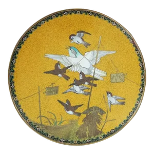 Antique Japanese Cloisonne Yellow Enamel With Flying Sparrows Plate