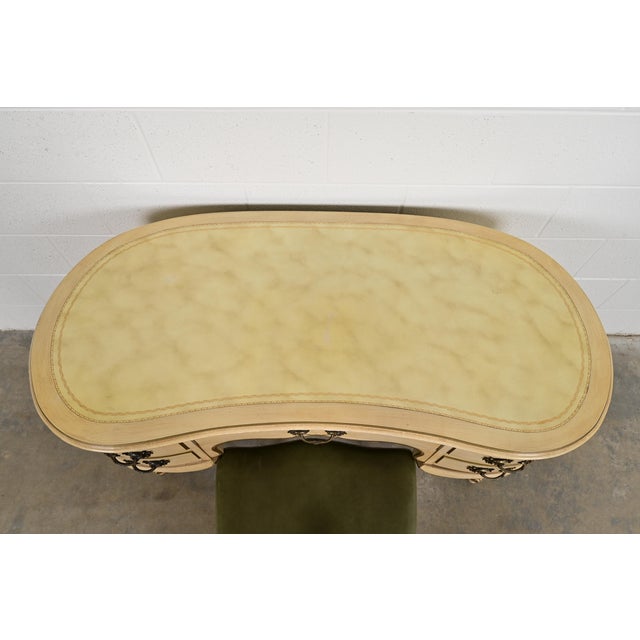 John Widdicomb Style French Provincial Louis XV Cream Lacquered and Gold Gilt Leather Top Ladies Writing Desk and Chair, Circa 1950s For Sale - Image 10 of 15