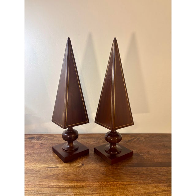 Late 20th Century Vintage Pair of Wooden Obelisks With Gilt Inlay - Architectural Decor For Sale - Image 5 of 8
