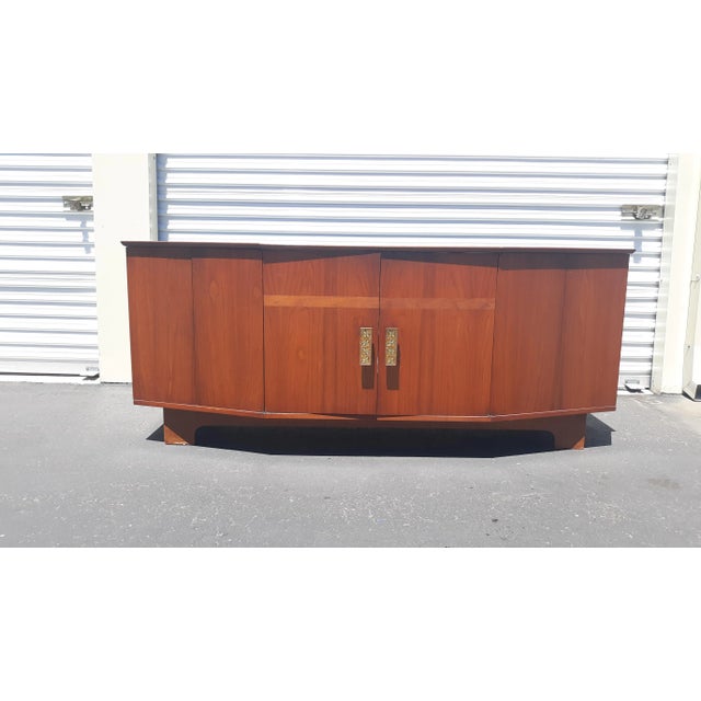 Stunning and rare large mid century media turntable cabinet/sideboard/credenza with lovely metal and glass mosaic handles....