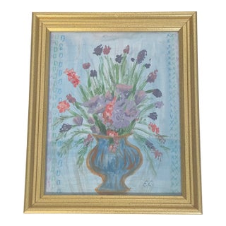 Vintage Naive Abstract Floral Bouquet in Blue Vase For Sale