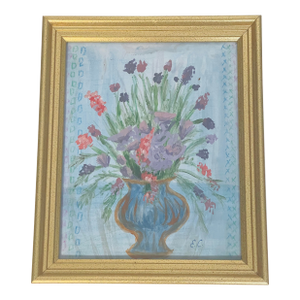 Vintage Naive Abstract Floral Bouquet in Blue Vase