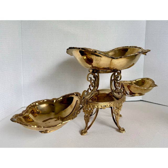 Metal French Revival Brass Epergne Centerpiece With Three Scalloped Removable Bowls For Sale - Image 7 of 16