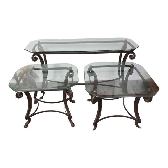 1980s Contemporary Scalloped Glass & Wrought Iron Set of Tables For Sale