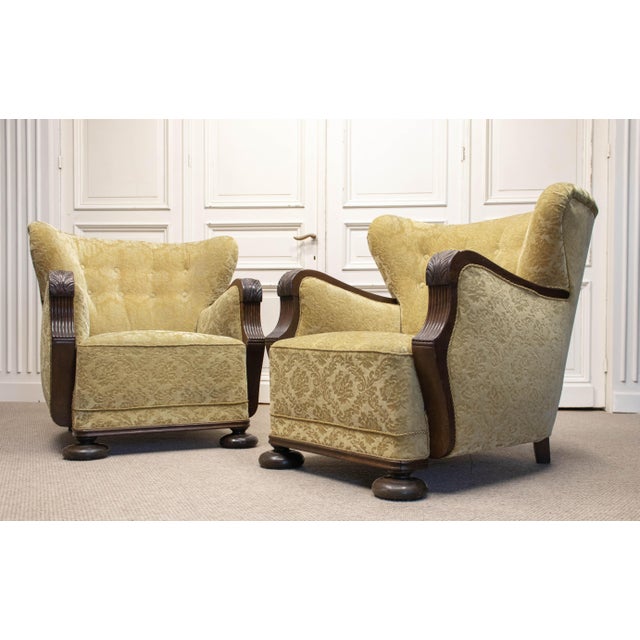 Wood Vintage Swedish Wingback Chairs with Golden Velvet and Carved Oak Armrests, 1920s, Set of 2 For Sale - Image 7 of 11