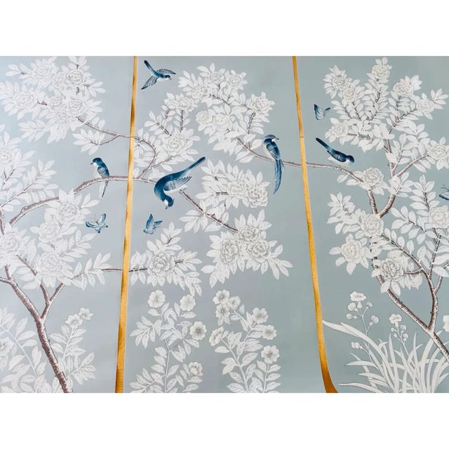 Blue Grey Chinoiserie Panels Hand Painted Unframed Wallpaper Artworks - 3 Panels For Sale - Image 4 of 5