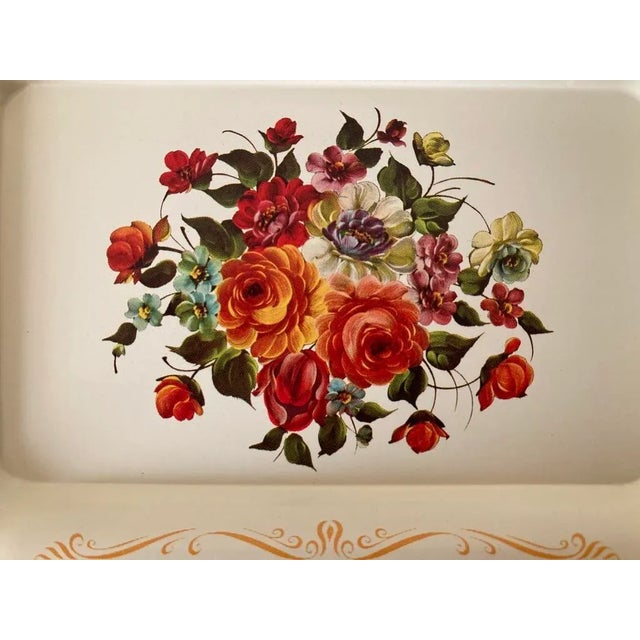 Metal Vintage Victorian Floral Red Roses & Ivory Toleware Tray or Coaster For Sale - Image 7 of 12