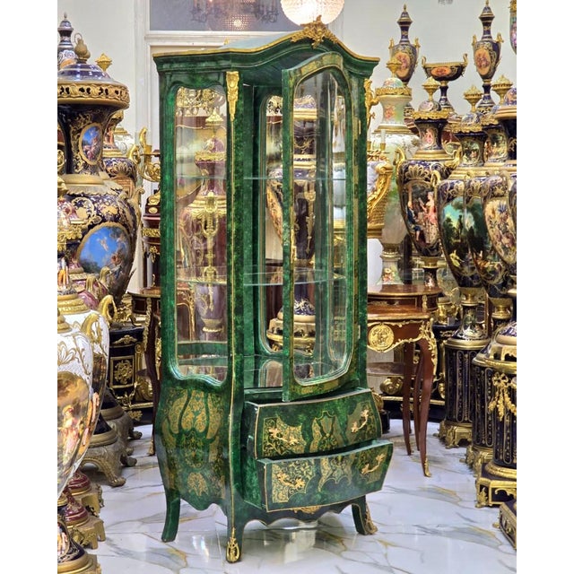 French Style Green Display Cabinet With Gold Leaf Details For Sale - Image 4 of 4