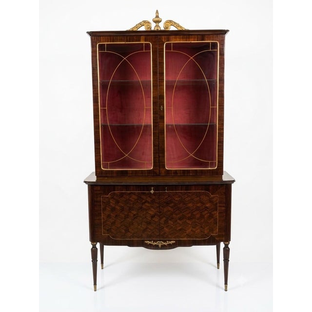 Wood Art Deco Italian Walnut Display Cabinet with Brass Details and Red Velvet Interior, 1930s For Sale - Image 7 of 7