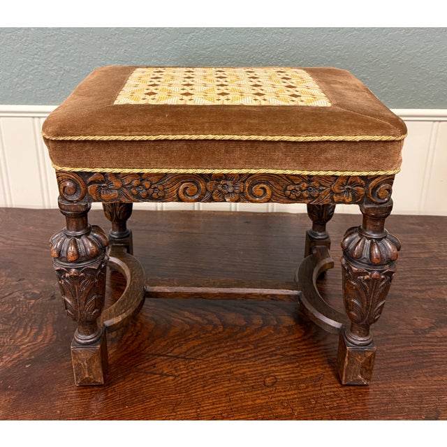 Jacobean Antique English Jacobean Upholstered Bench Stool Carved Oak C. 1930s For Sale - Image 3 of 16