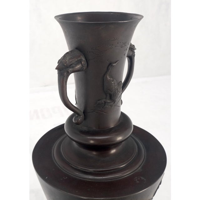Early 20th Century Large Brass or Bronze Asian Two Handles Vase Urn Birds Motif Reliefs Clean! For Sale - Image 10 of 12