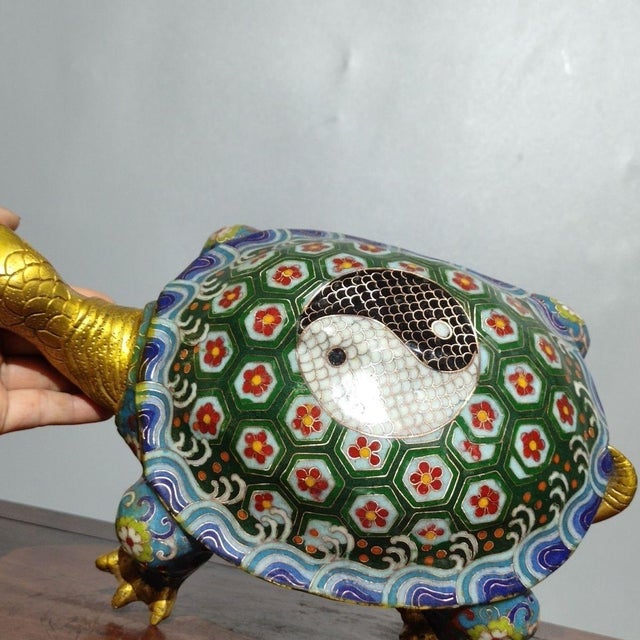 Late 20th Century Late 20th Century Cloisonné Enamel Turtle Sculpture With Yin-Yang Shell For Sale - Image 5 of 9