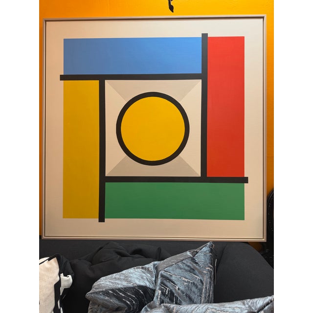 Large square geometric painting by famed French artist Patrice Bertin. White background with geometric patterns in red,...