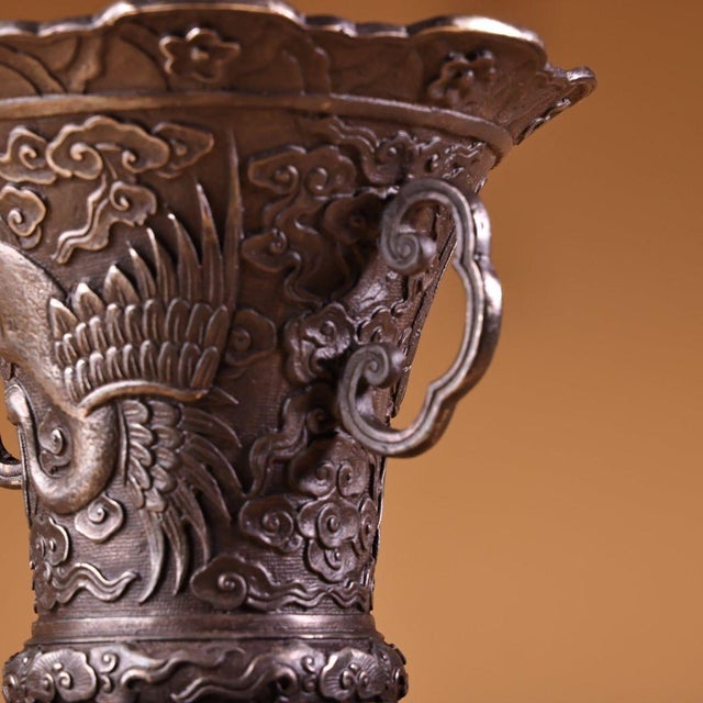 Bronze Vase With Silver-Inlaid Crane Motif - Altar Flower Vase For Sale - Image 4 of 10
