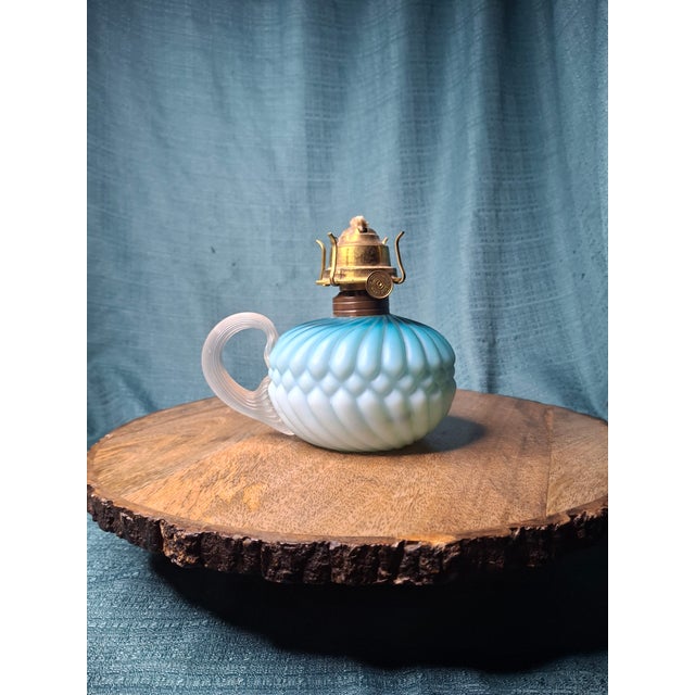 Rare Antique Blue Satin Glass Oil Kerosene Finger Lamp Hand-Blown Uv Reactive For Sale In Boston - Image 6 of 18