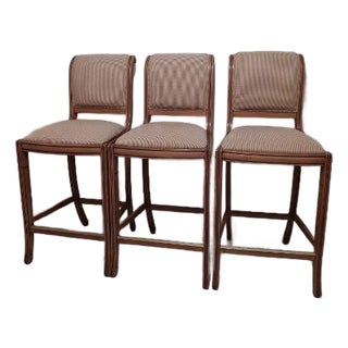 Three 1970s Wooden Counter-Height Stools With Striped Upholstered Seats and Backrests For Sale