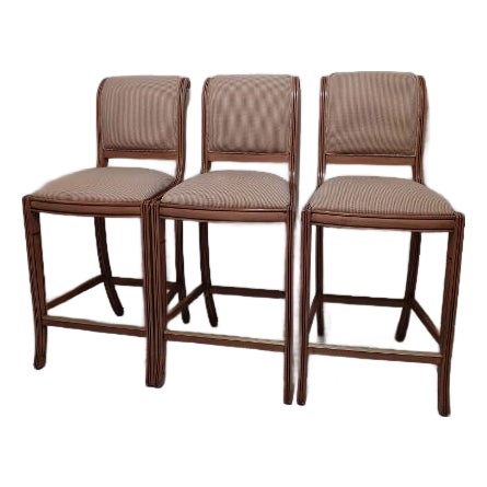 Three 1970s Wooden Counter-Height Stools With Striped Upholstered Seats and Backrests For Sale