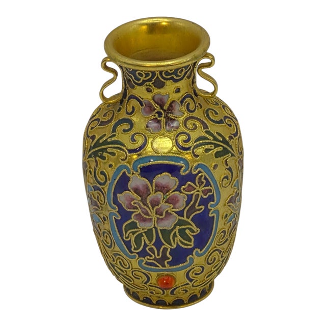 Vintage Ornate Jeweled Cloisonne Hand Painted Enamel Gilded Floral Small Vase For Sale - Image 11 of 11