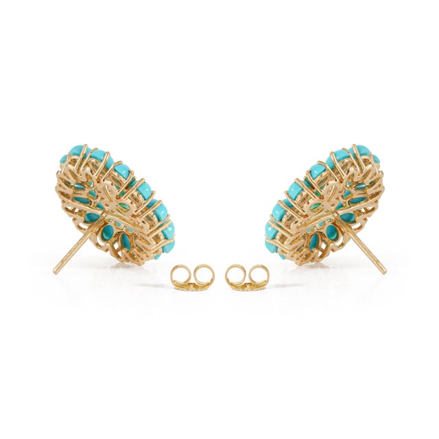 Metal Native American 14k Gold 7.0ct Emerald Turquoise & Diamond Flower Stud Earrings- A Pair For Sale - Image 7 of 14