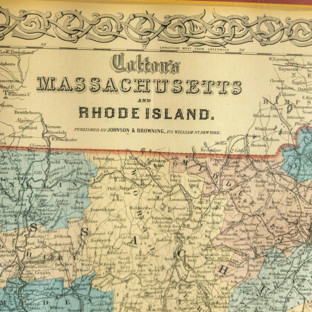 19th Century American Lithograph Map of Massachusetts and Rhode Island