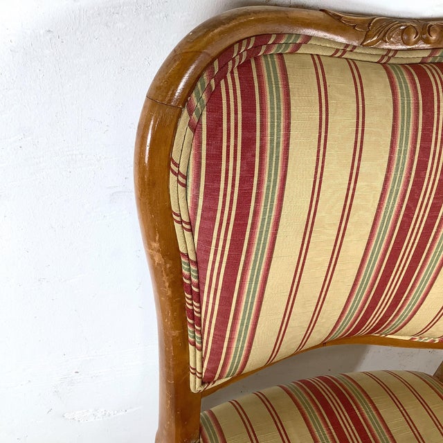 Brown Set of Four Queen Anne Walnut Dining Side Chairs in Striped Burgundy & Gold Upholstery For Sale - Image 8 of 12