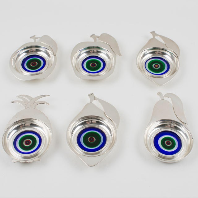 1960s Sterling Silver and Murano Art Glass Barware Coasters Set of 6, Italy circa 1960 For Sale - Image 5 of 18