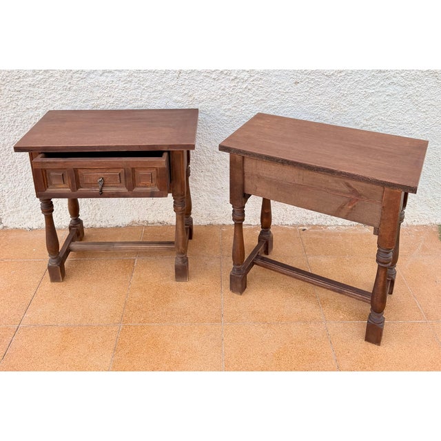 Wood Mid-Century Spanish Wood Bedside Tables with Paneled Drawers, 1960, Set of 2 For Sale - Image 7 of 11