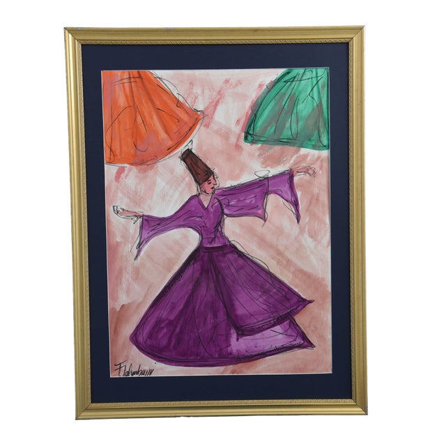 Figurative "Sufi Whirling Dancer" Pastel Drawing Signed, Framed For Sale - Image 3 of 3