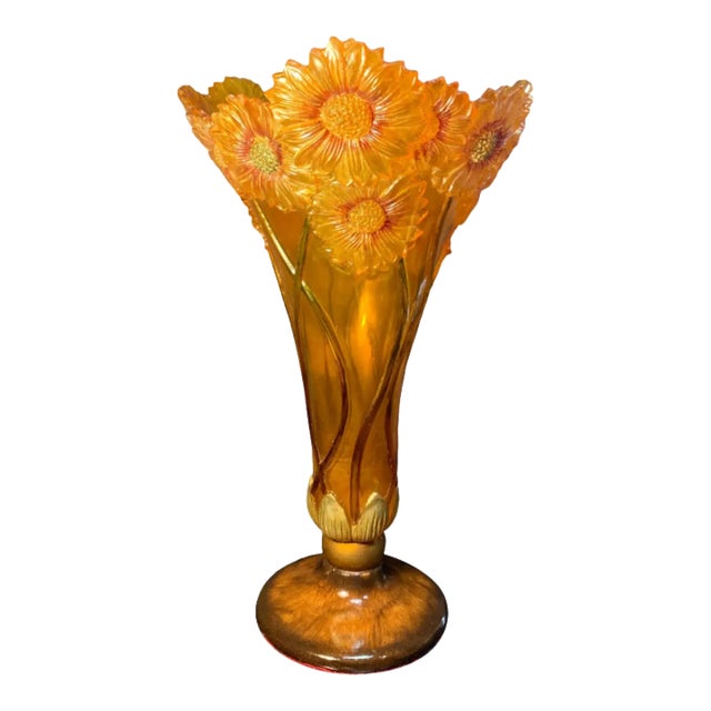 Vintage Acrylic Vase: Orange Yellow Sunflowers in Bas Relief For Sale