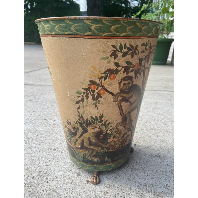 Mario Lopez Torres Style Monkey Trash Can Wastebasket Has metal monkey feet Beautiful vintage lithograph on a Metal CAN...