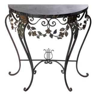1920s French Wrought Iron Marble Top Demi Lune Table For Sale