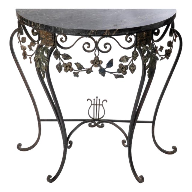 1920s French Wrought Iron Marble Top Demi Lune Table For Sale