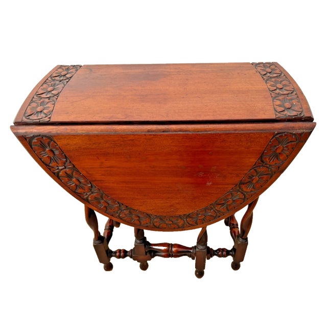 Brown Antique Oval Gate Leg Kitchen Table Drop Side Leaf Carved Mahogany Barley Twist For Sale - Image 8 of 13