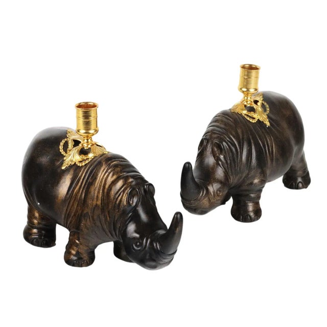 Rhinoceroses Plaster Candleholders by J. Luc Maisiere, 1900s, Set of 2 For Sale - Image 11 of 11