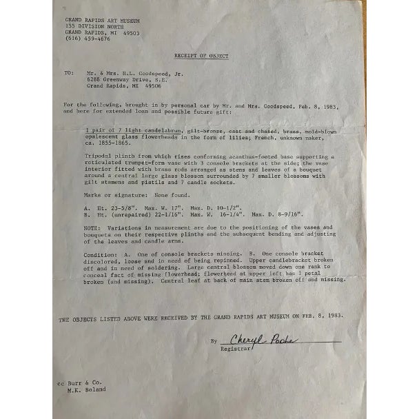 1- 9 light candelabrum, gilt-bronze, cast and chased, brass, mold-blown opalescent glass flowerheads in the form of...