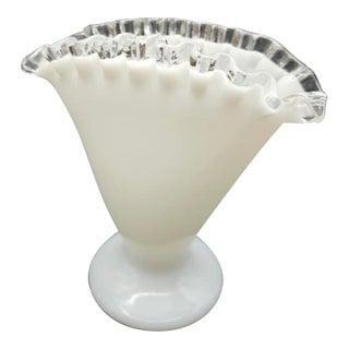 Vintage Fenton Clear Crest Ruffled Edge Milk Glass Fan Shaped Vase For Sale