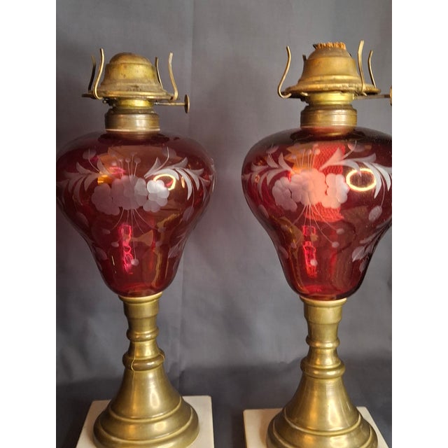 Pair Antique Bohemian Cranberry Cut-to-Clear Kerosene Lamps Marble Base P&a Eagle For Sale In Boston - Image 6 of 15