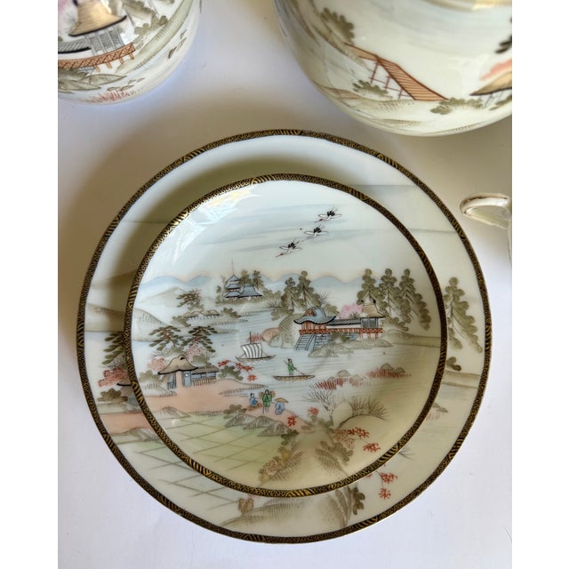 1970s Japanese Hand-Painted Eggshell Porcelain Landscape Luncheon Tea Set - 36 Pieces For Sale - Image 16 of 17