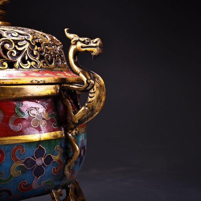 Metal Vintage Cloisonne Enamel Incense Burner – 8.7" Gilt Tripod Censer With Dragon Lid For Sale - Image 7 of 10