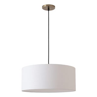 Stretch Pendant Light - Weathered Brass Steel, Drum White Linen Shade, Dimmable, Elegant Design For Sale