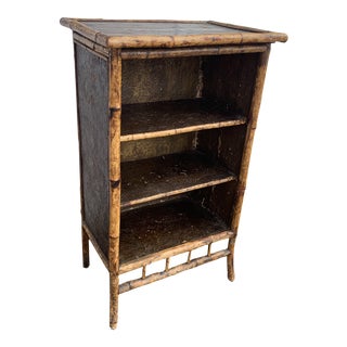 Vintage Chinese Bamboo and Leather With Lacquered Top Shelving Unit For Sale