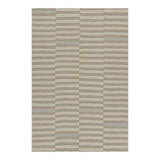 Rug & Kilim’s Contemporary Kilim With Textural Beige, Taupe and Blue Stripes For Sale